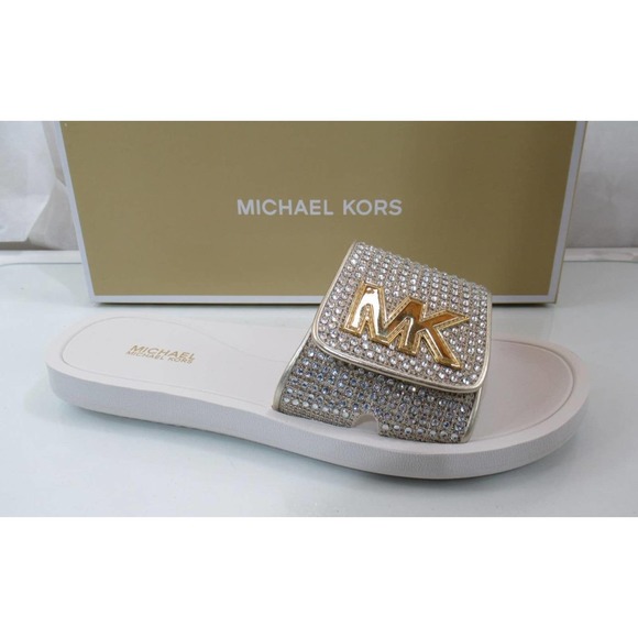 Michael Kors MK Slide Sandals Glitter Chain Mesh Comfort Pale Gold - Picture 1 of 7